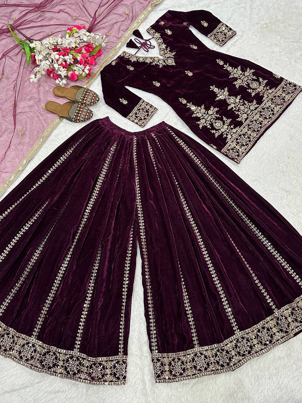 Designer Party Wear Top, Sharara Palazzo & Dupatta in Pure Heavy Viscous Velvet with Multi Needle Sequence