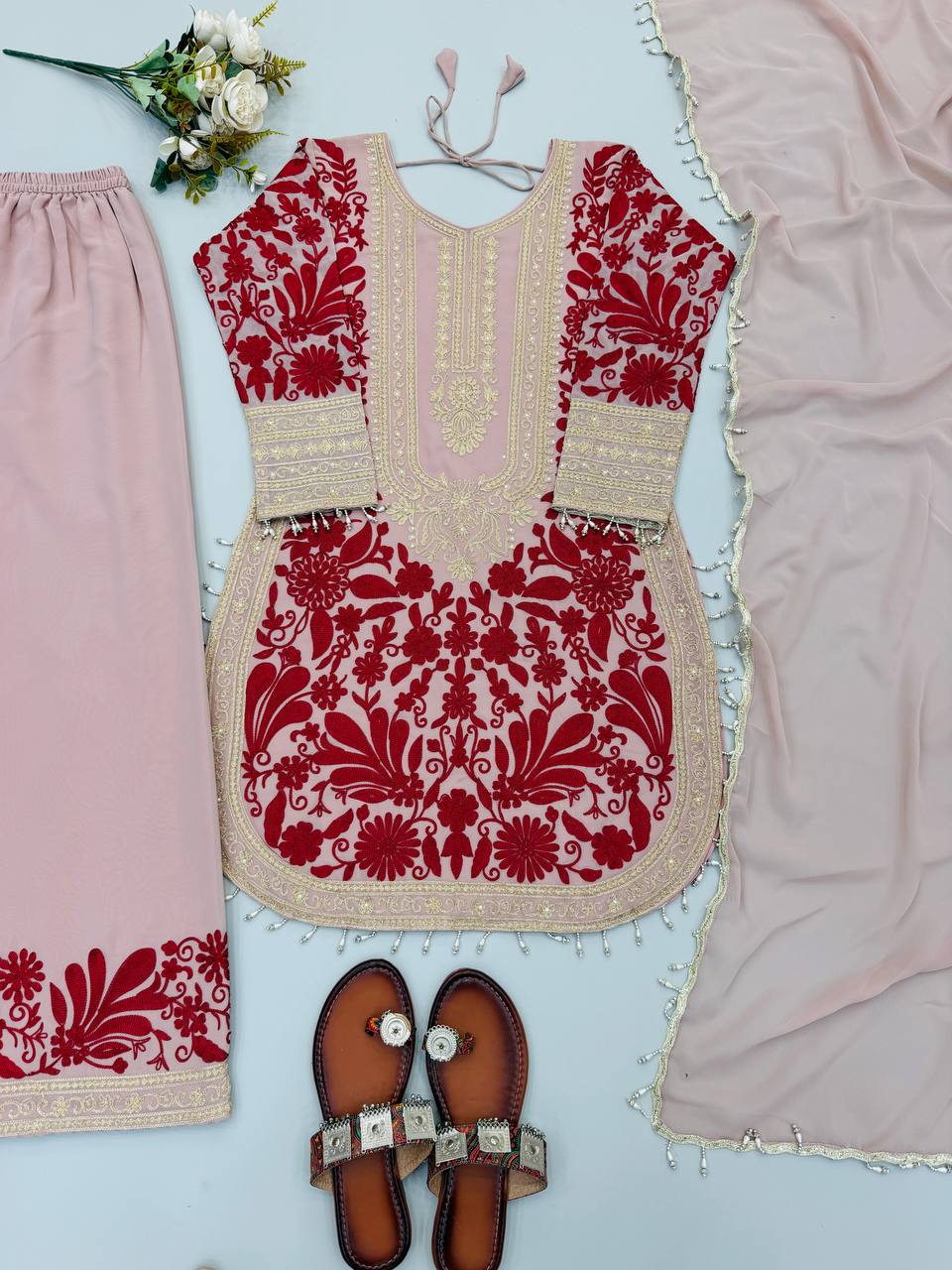 Designer Top, Pant & Dupatta in Heavy Faux Georgette with Chain Stitch Embroidery Sequence & Bead Work | SRK-5354