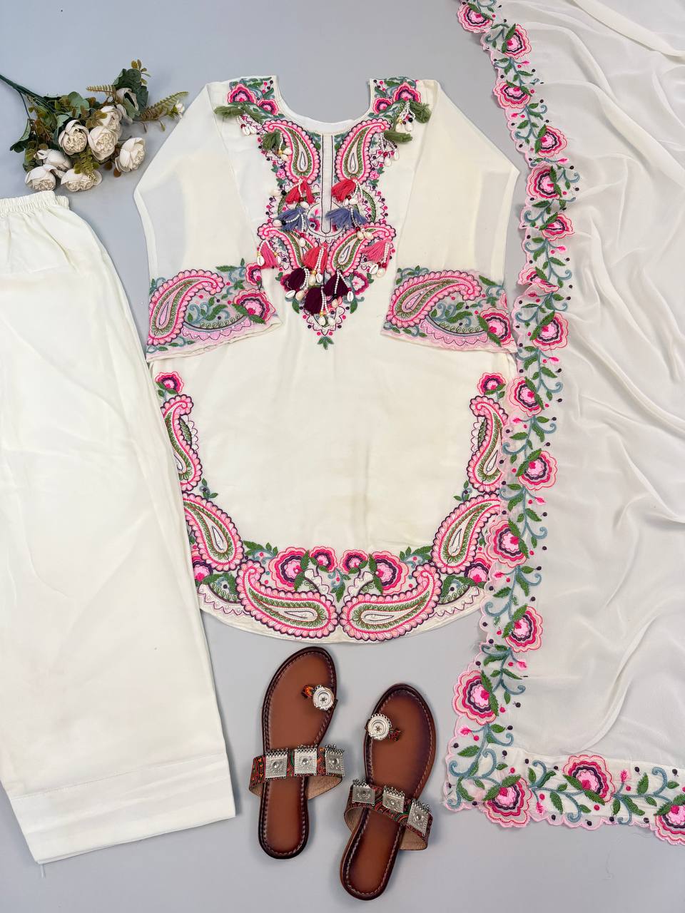 Designer Pure Heavy Georgette Embroidery Thread Work Top Farshi & Dupatta Set