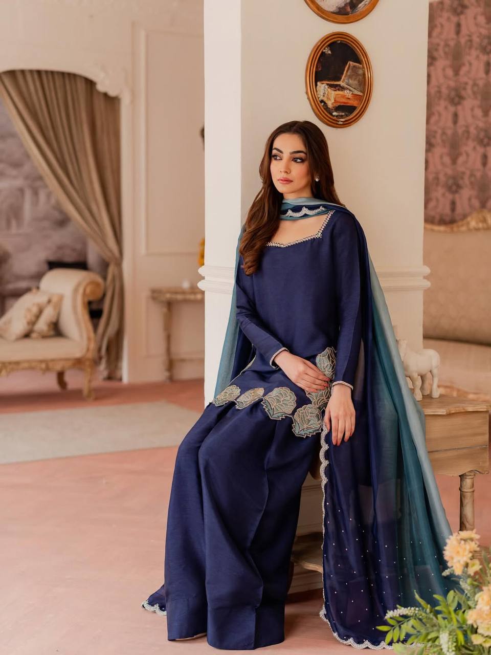 Designer Natural Crepe Silk Diamond Sequin Embroidered Top Farshi Salwar & Chiffon Dupatta Set