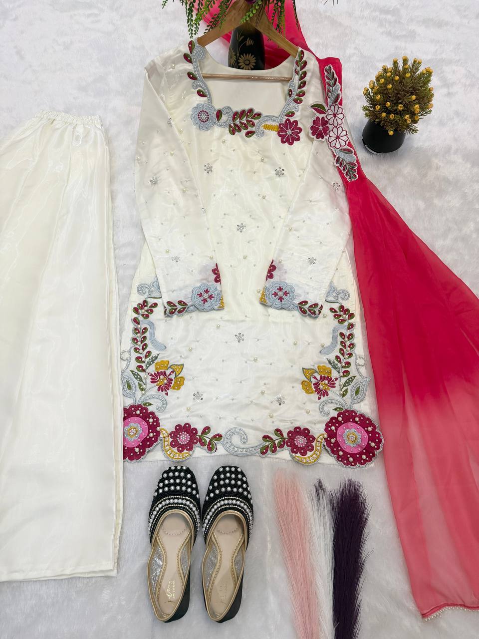 Designer Party Wear Roman Glass Silk Top with Sharara Palazzo and Dupatta
