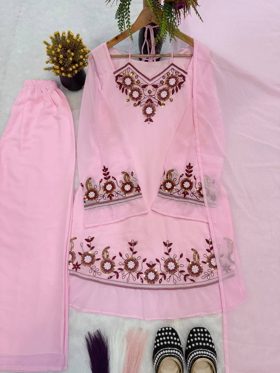 Designer Heavy Faux Georgette Multi Needle Sequin Embroidered Top Palazzo & Dupatta Set