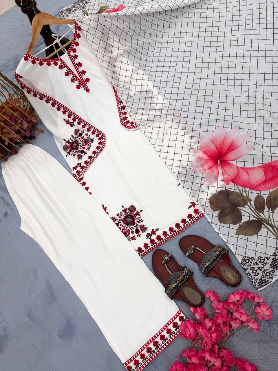 Designer Pure Satin Rayon Embroidered Top Palazzo & Dupatta Set