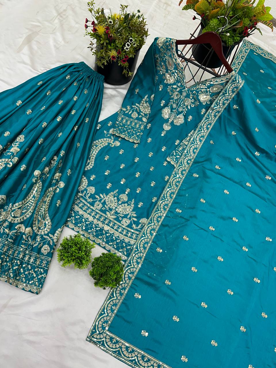 Chinon Silk Sequin Embroidered Sharara Suit with Dupatta