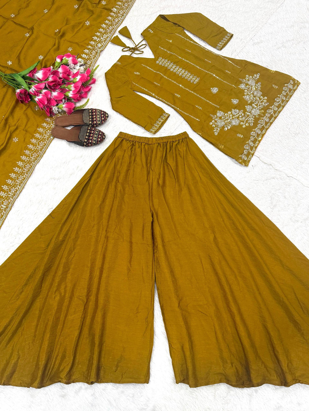 Designer Party Wear Top, Sharara Palazzo & Dupatta in NC Vichitra with Hand Work | ND-5064