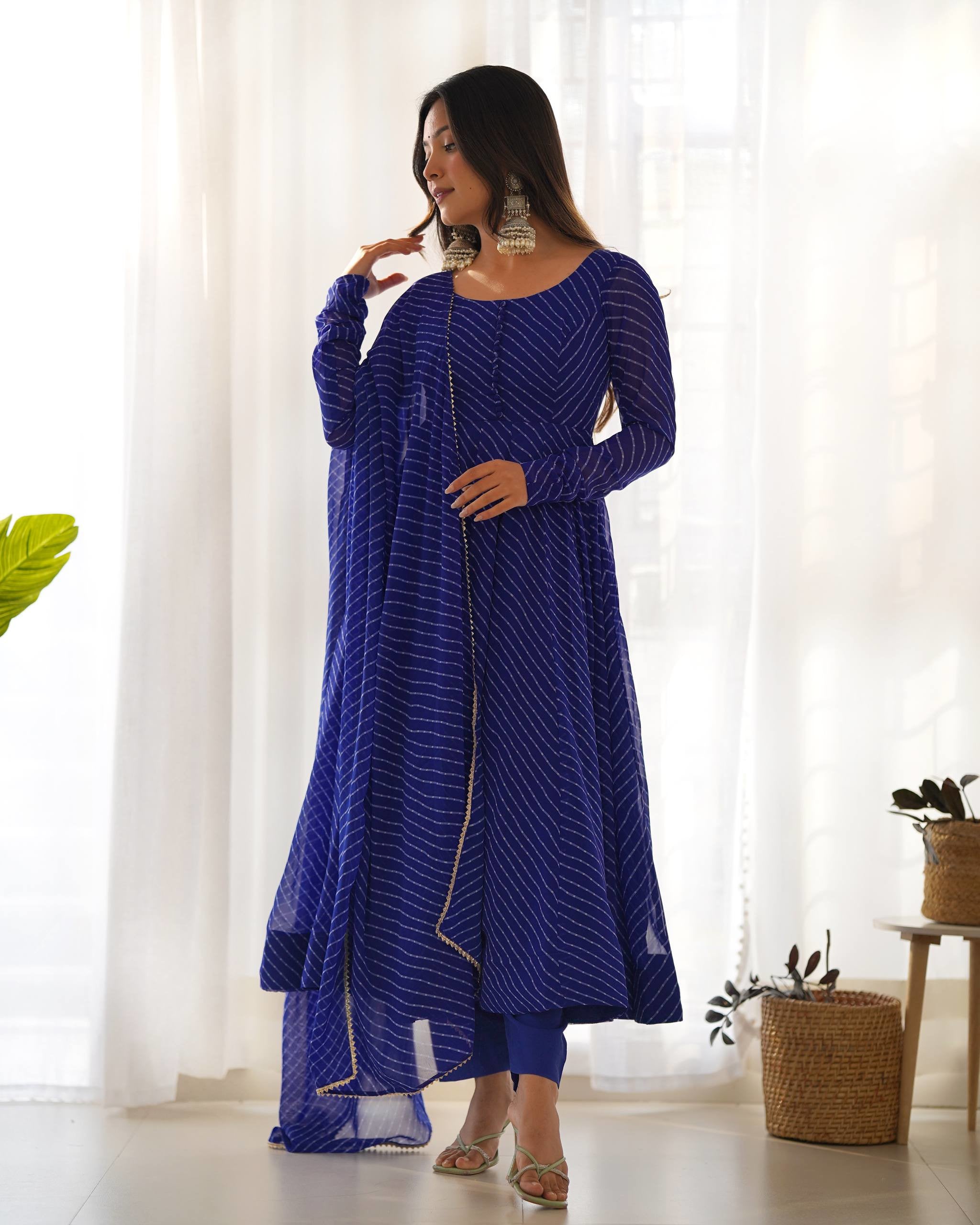 Fox Georgette Laheriya Print Anarkali Gown Set with Dupatta