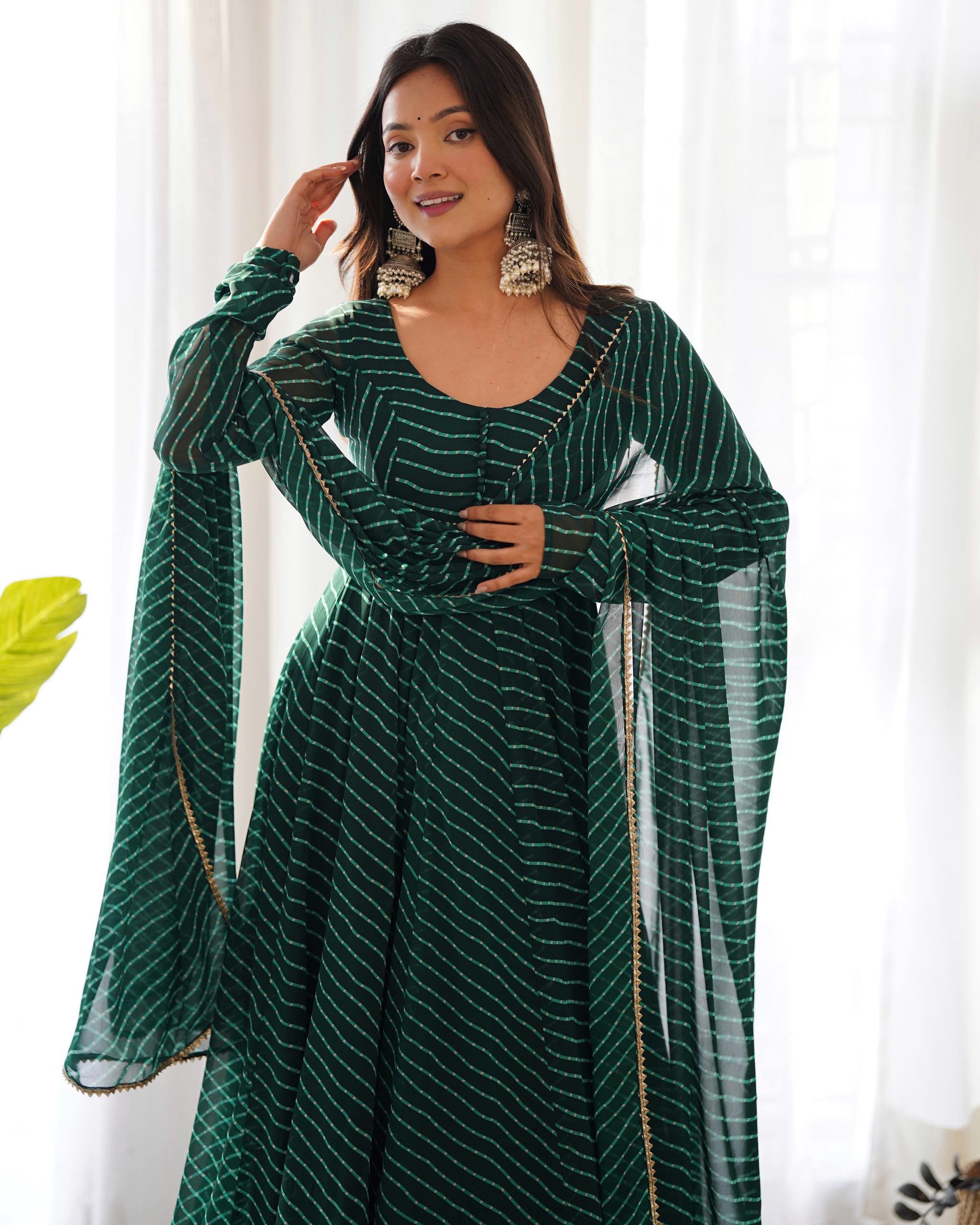 Fox Georgette Laheriya Print Anarkali Gown Set with Dupatta