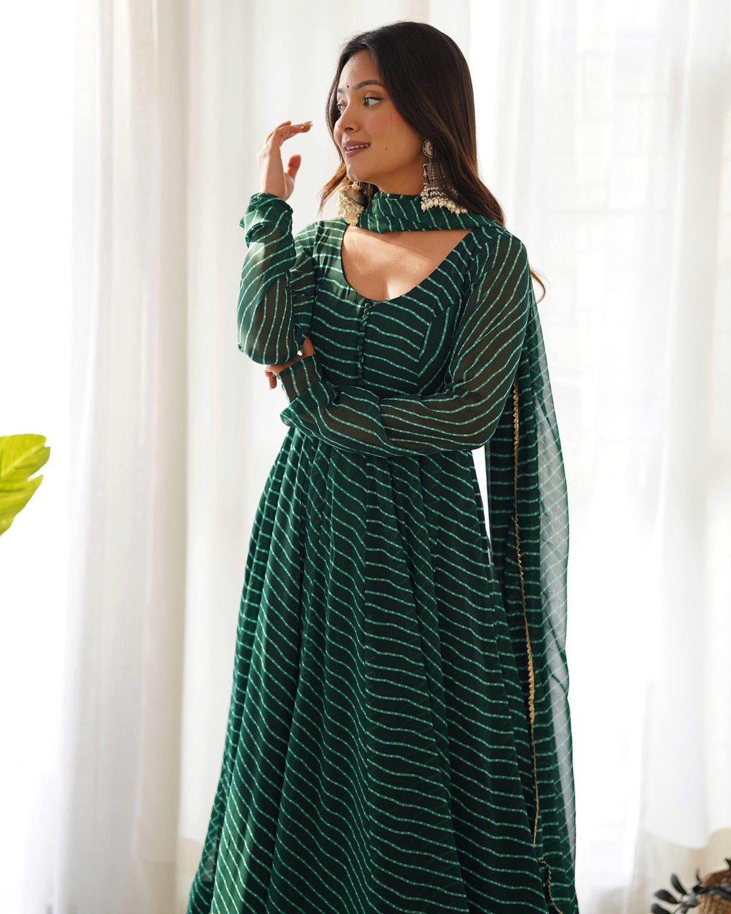 Fox Georgette Laheriya Print Anarkali Gown Set with Dupatta