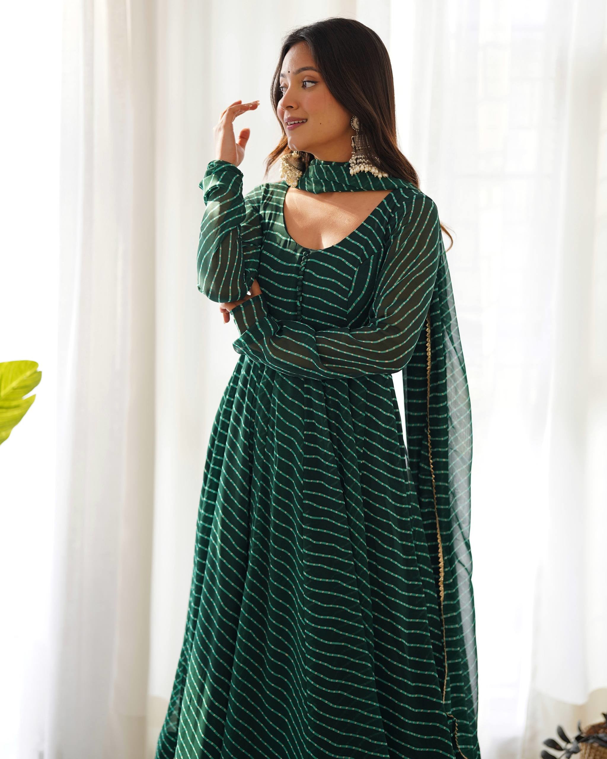 Fox Georgette Laheriya Print Anarkali Gown Set with Dupatta