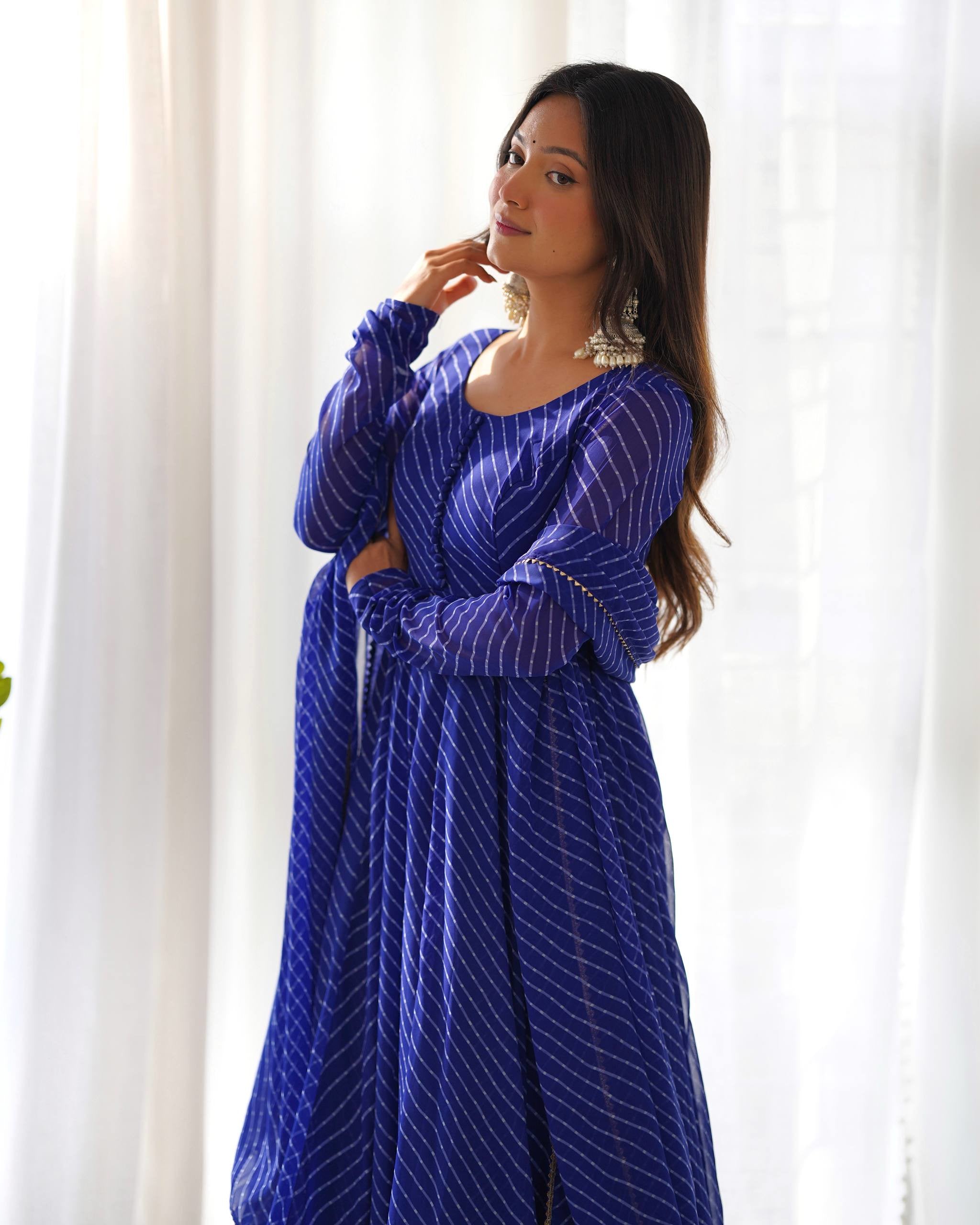 Fox Georgette Laheriya Print Anarkali Gown Set with Dupatta