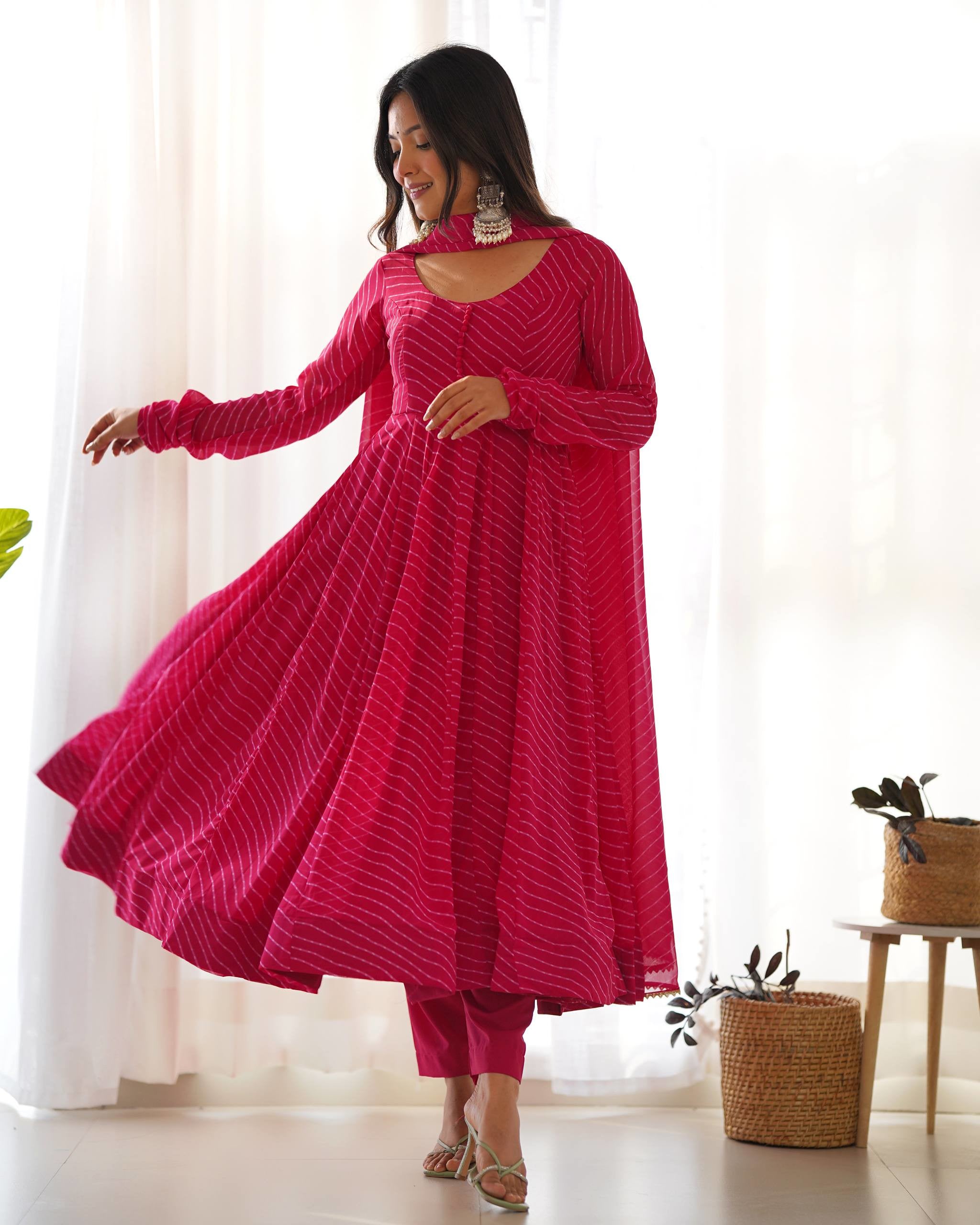 Fox Georgette Laheriya Print Anarkali Gown Set with Dupatta