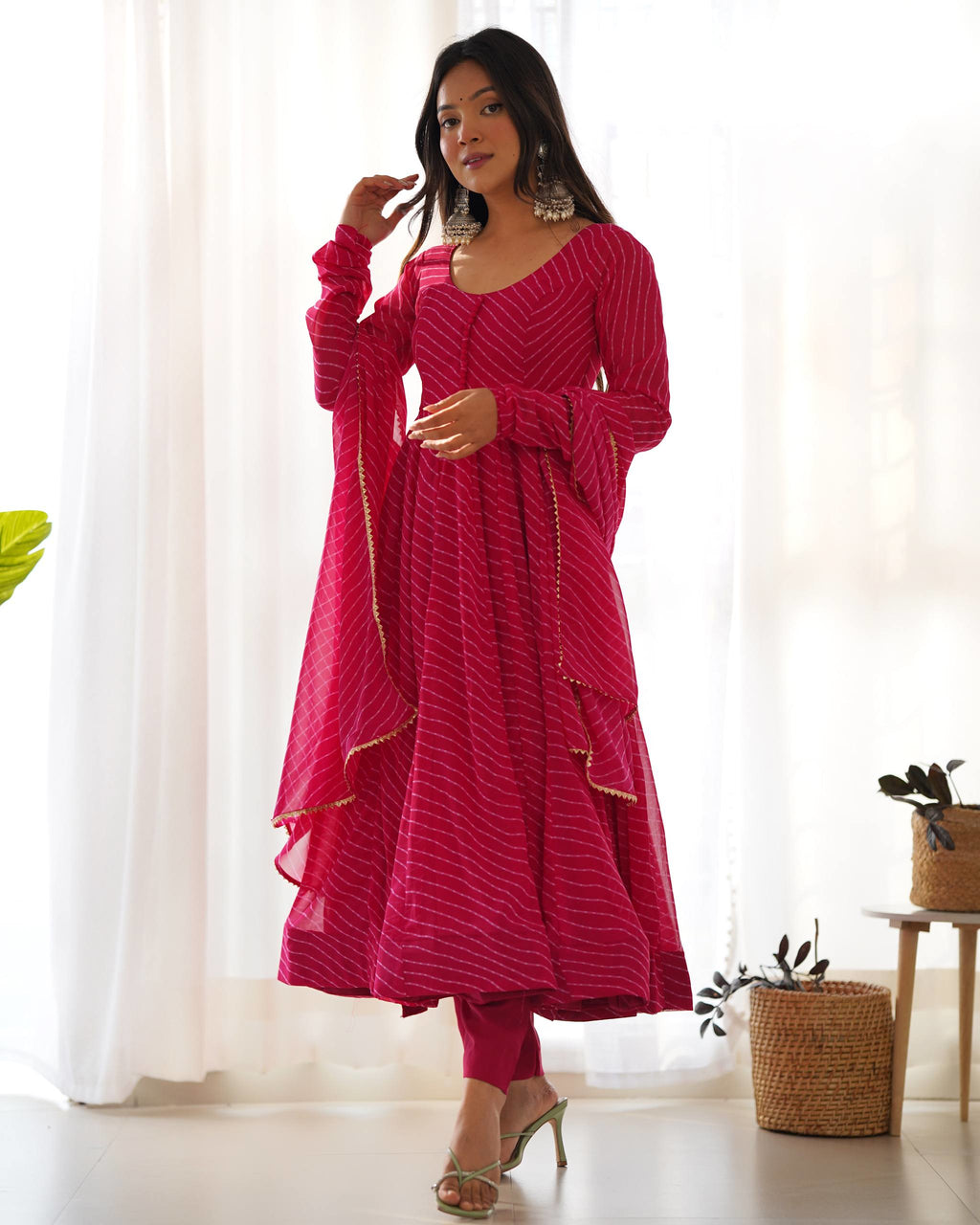 Fox Georgette Laheriya Print Anarkali Gown Set with Dupatta