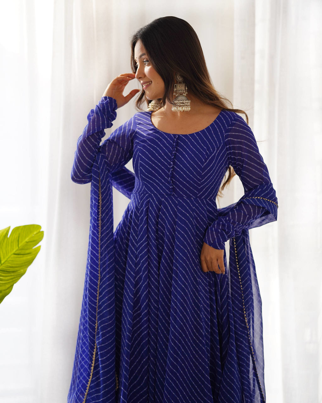Fox Georgette Laheriya Print Anarkali Gown Set with Dupatta