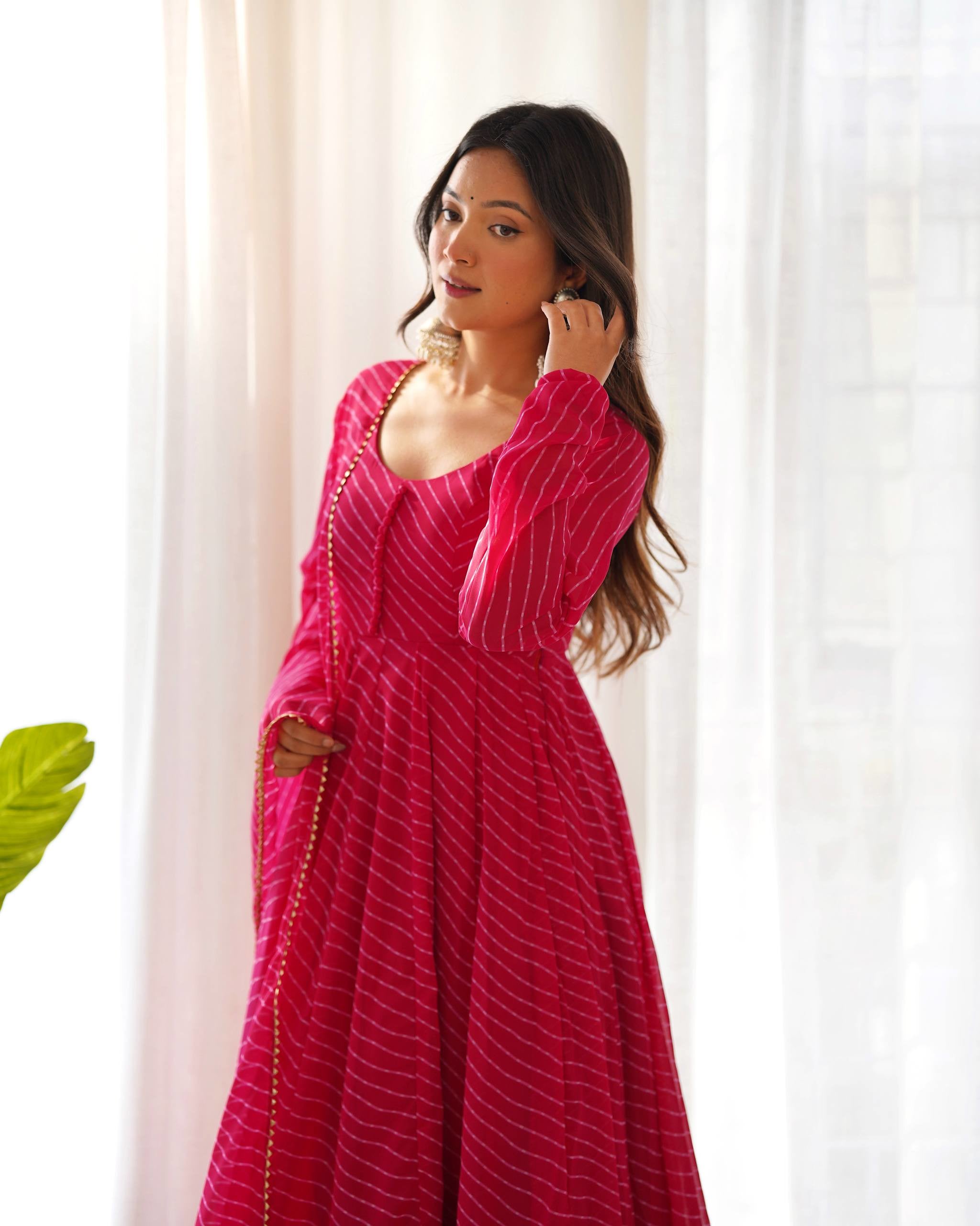 Fox Georgette Laheriya Print Anarkali Gown Set with Dupatta