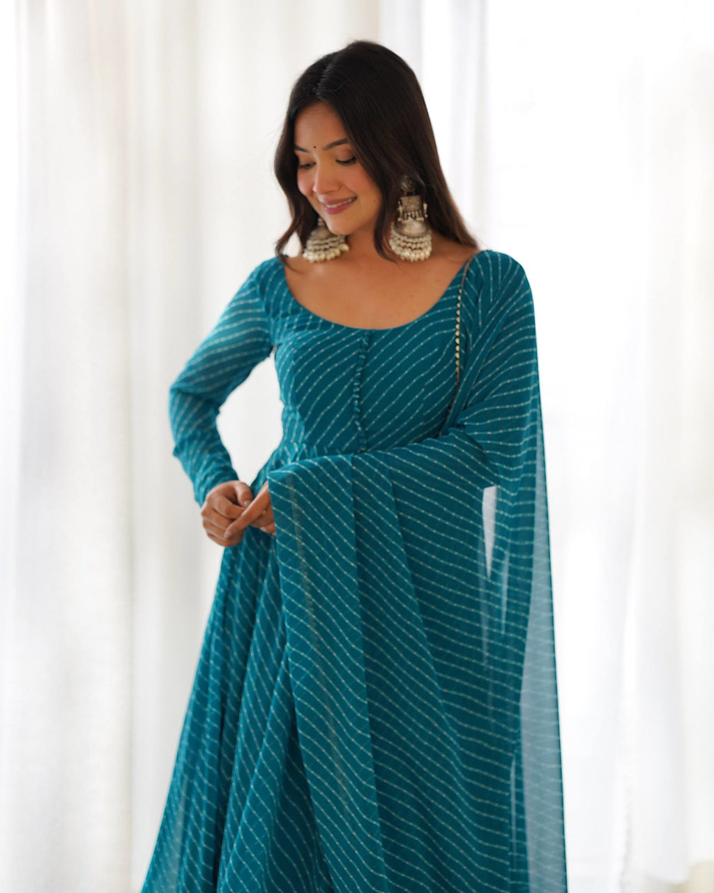 Fox Georgette Laheriya Print Anarkali Gown Set with Dupatta