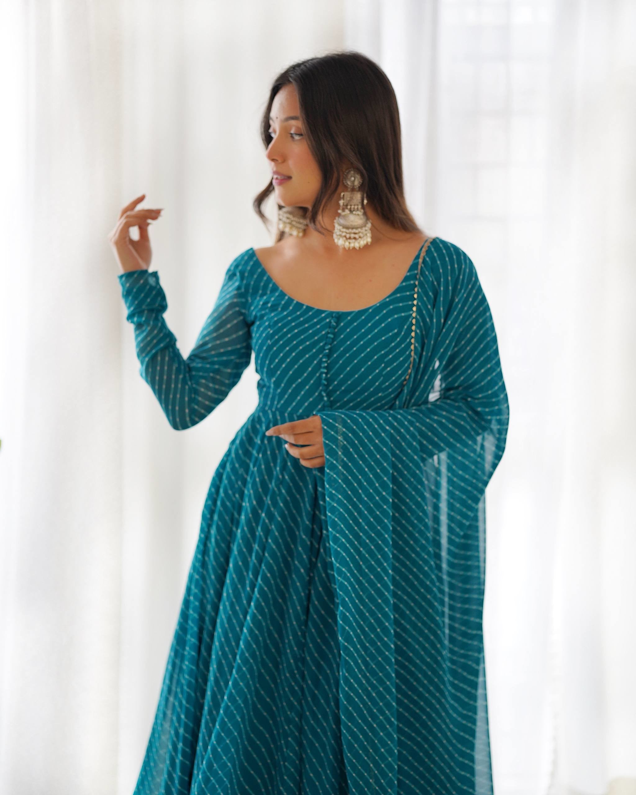 Fox Georgette Laheriya Print Anarkali Gown Set with Dupatta