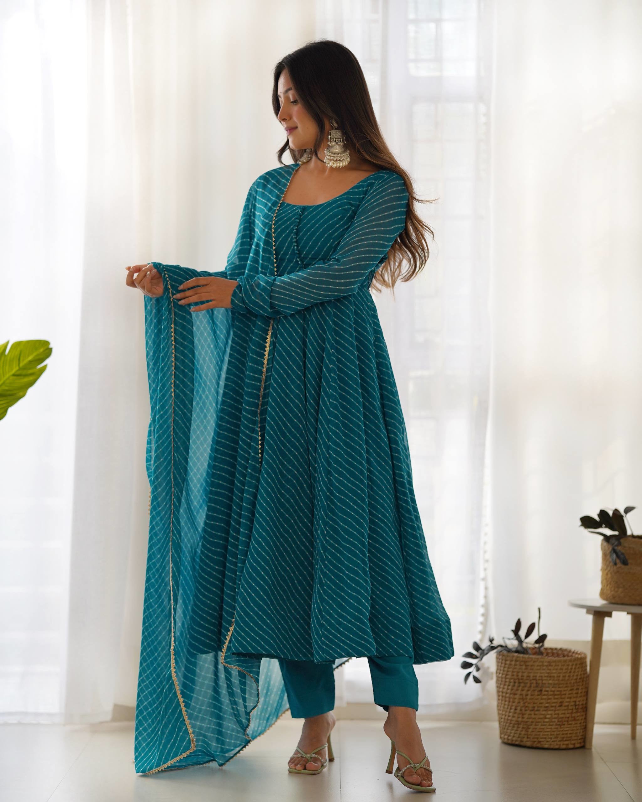 Fox Georgette Laheriya Print Anarkali Gown Set with Dupatta