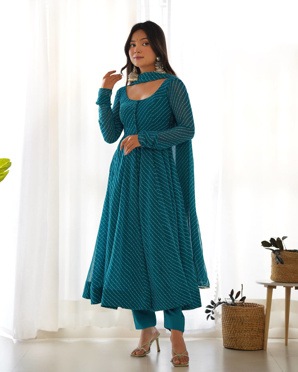 Fox Georgette Laheriya Print Anarkali Gown Set with Dupatta