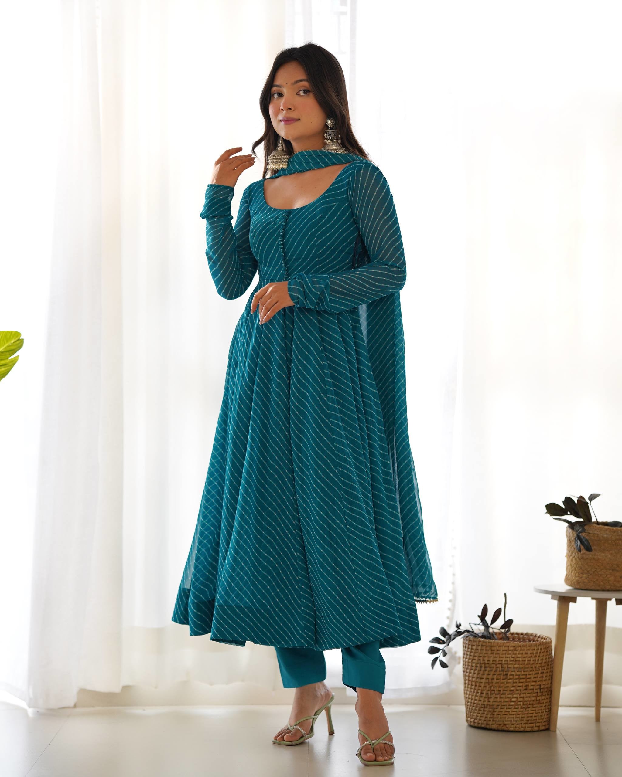 Fox Georgette Laheriya Print Anarkali Gown Set with Dupatta