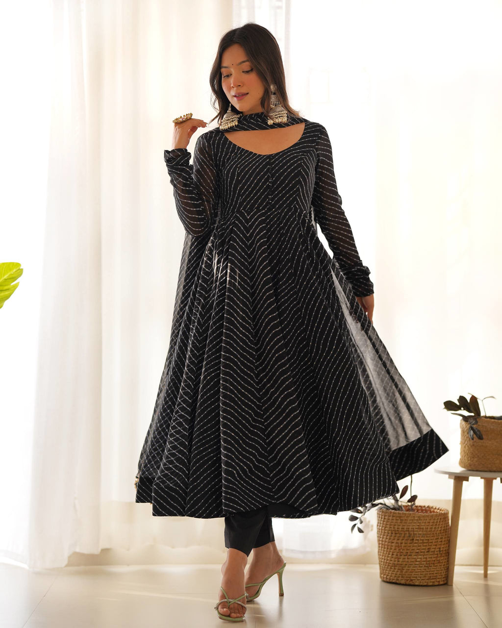 Fox Georgette Laheriya Print Anarkali Gown Set with Dupatta