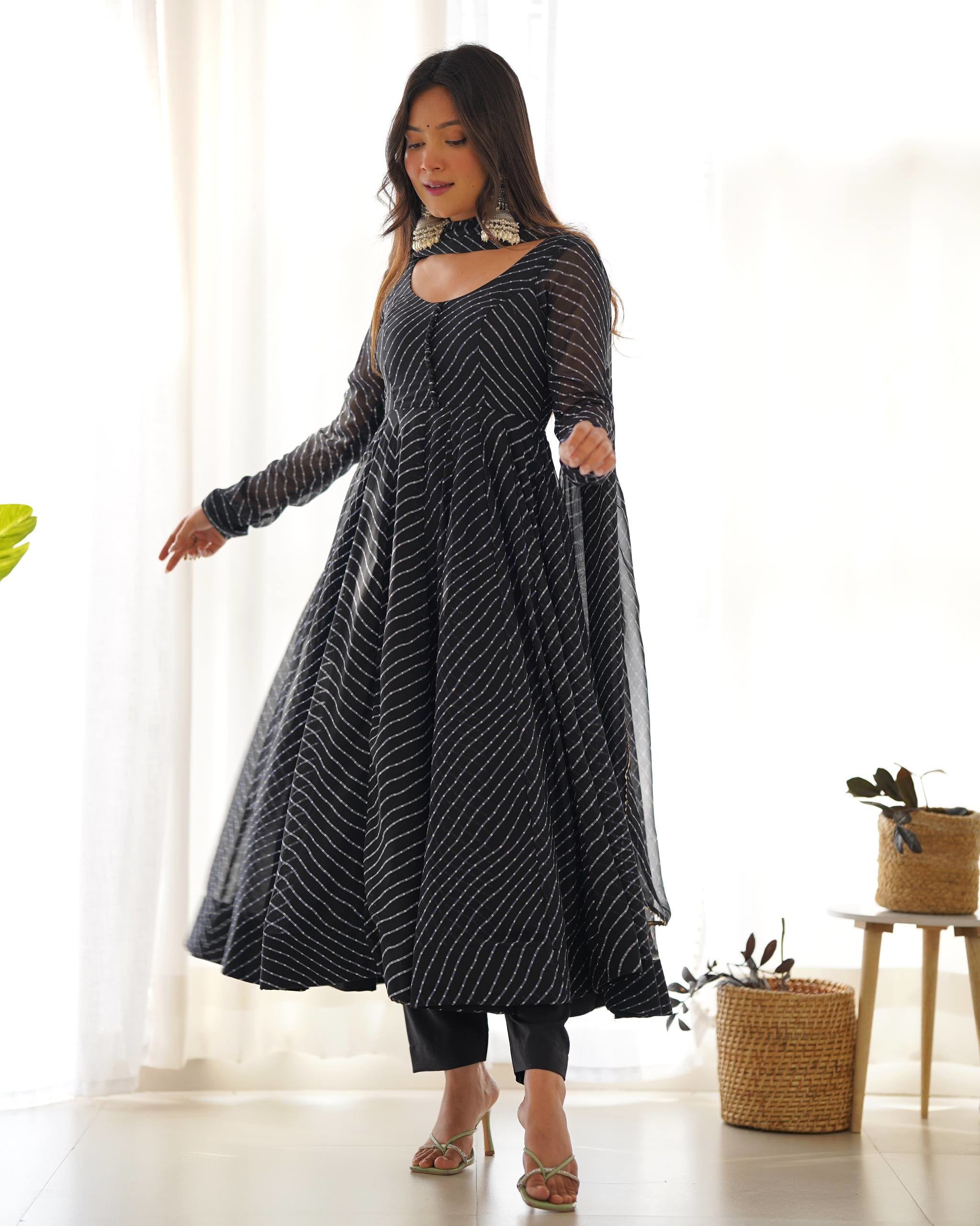 Fox Georgette Laheriya Print Anarkali Gown Set with Dupatta