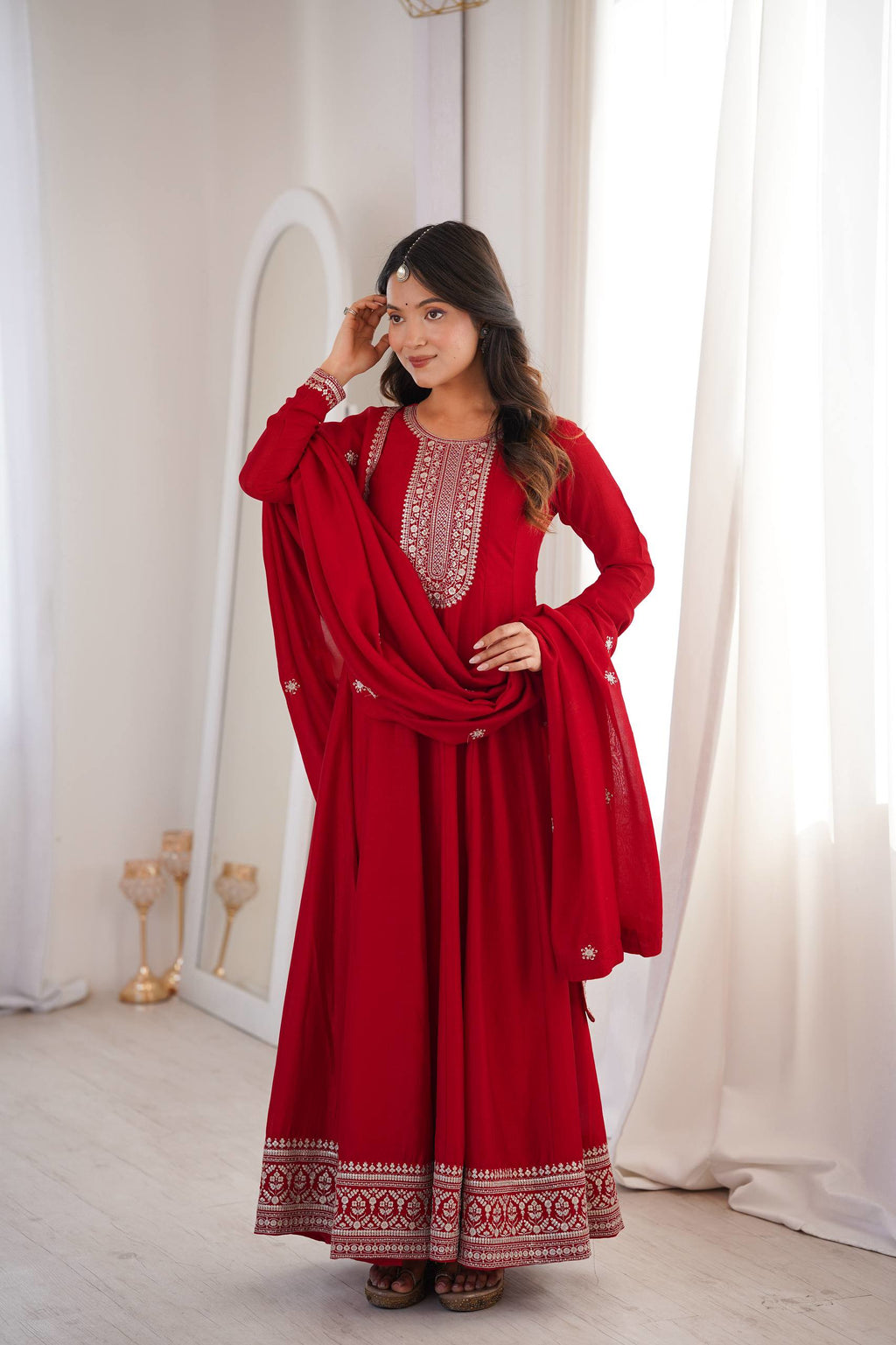 Pure Vichitra Silk Embroidered Anarkali Gown Set with Dupatta