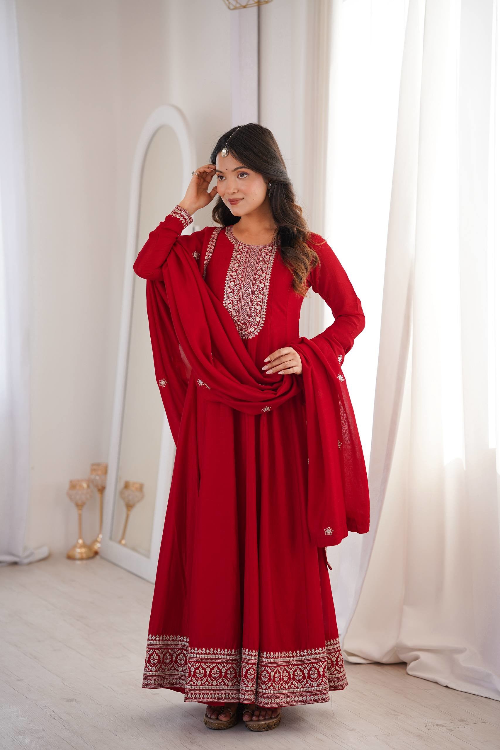 Pure Vichitra Silk Embroidered Anarkali Gown Set with Dupatta