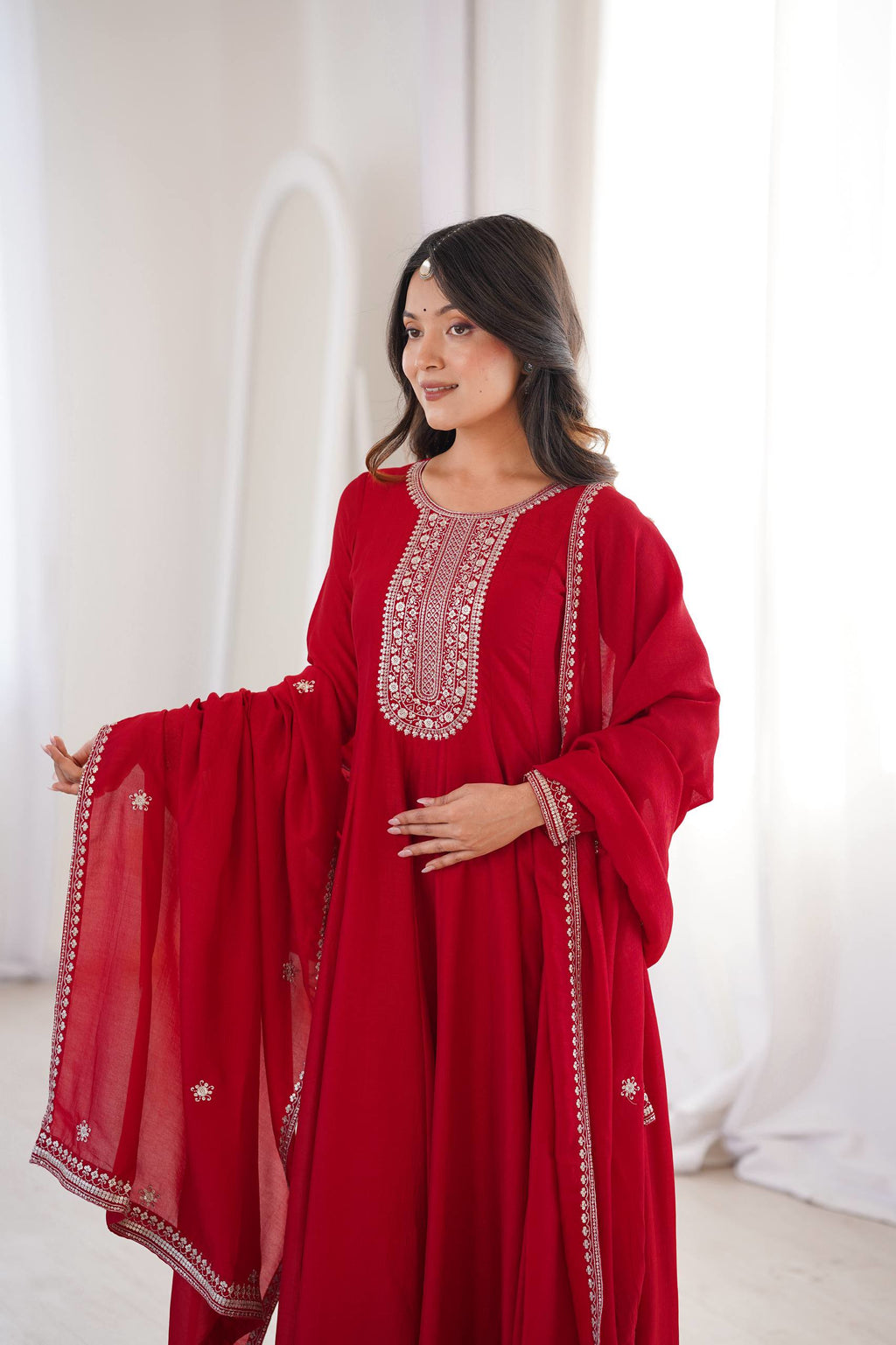 Pure Vichitra Silk Embroidered Anarkali Gown Set with Dupatta