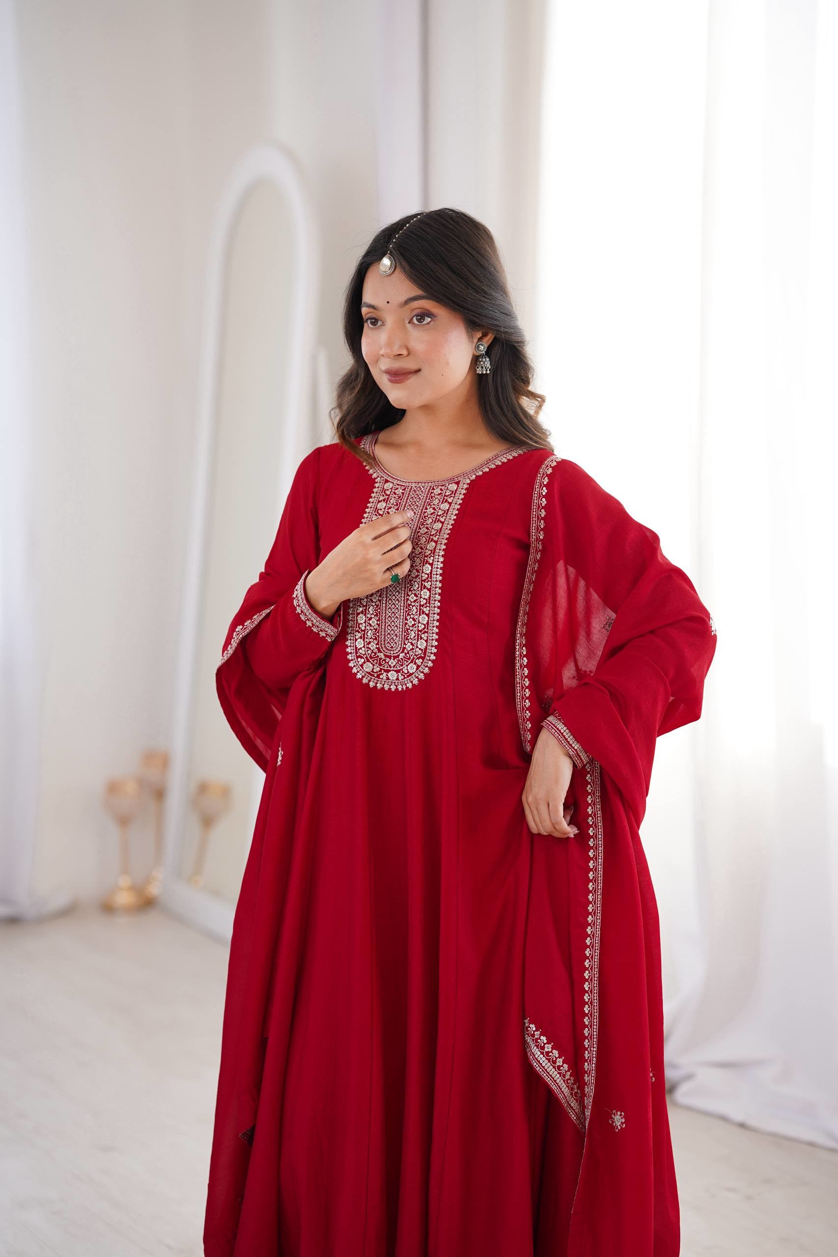 Pure Vichitra Silk Embroidered Anarkali Gown Set with Dupatta
