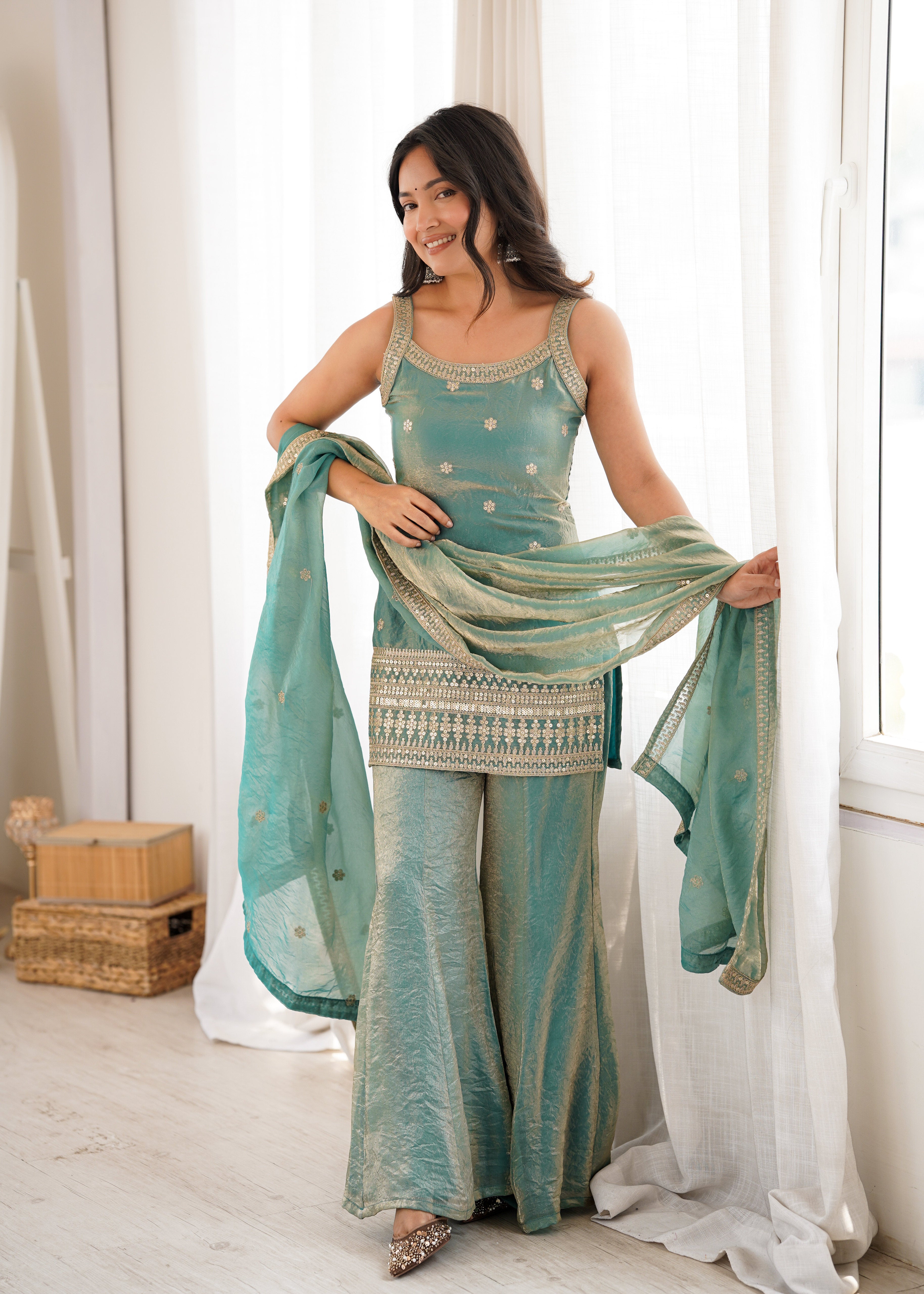 Frendy Silk Bell Bottom Suit with Dupatta | Embroidery Sequence & Jari Work