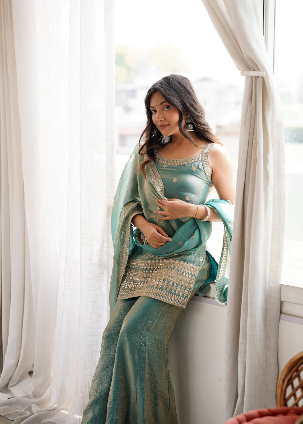 Frendy Silk Bell Bottom Suit with Dupatta | Embroidery Sequence & Jari Work
