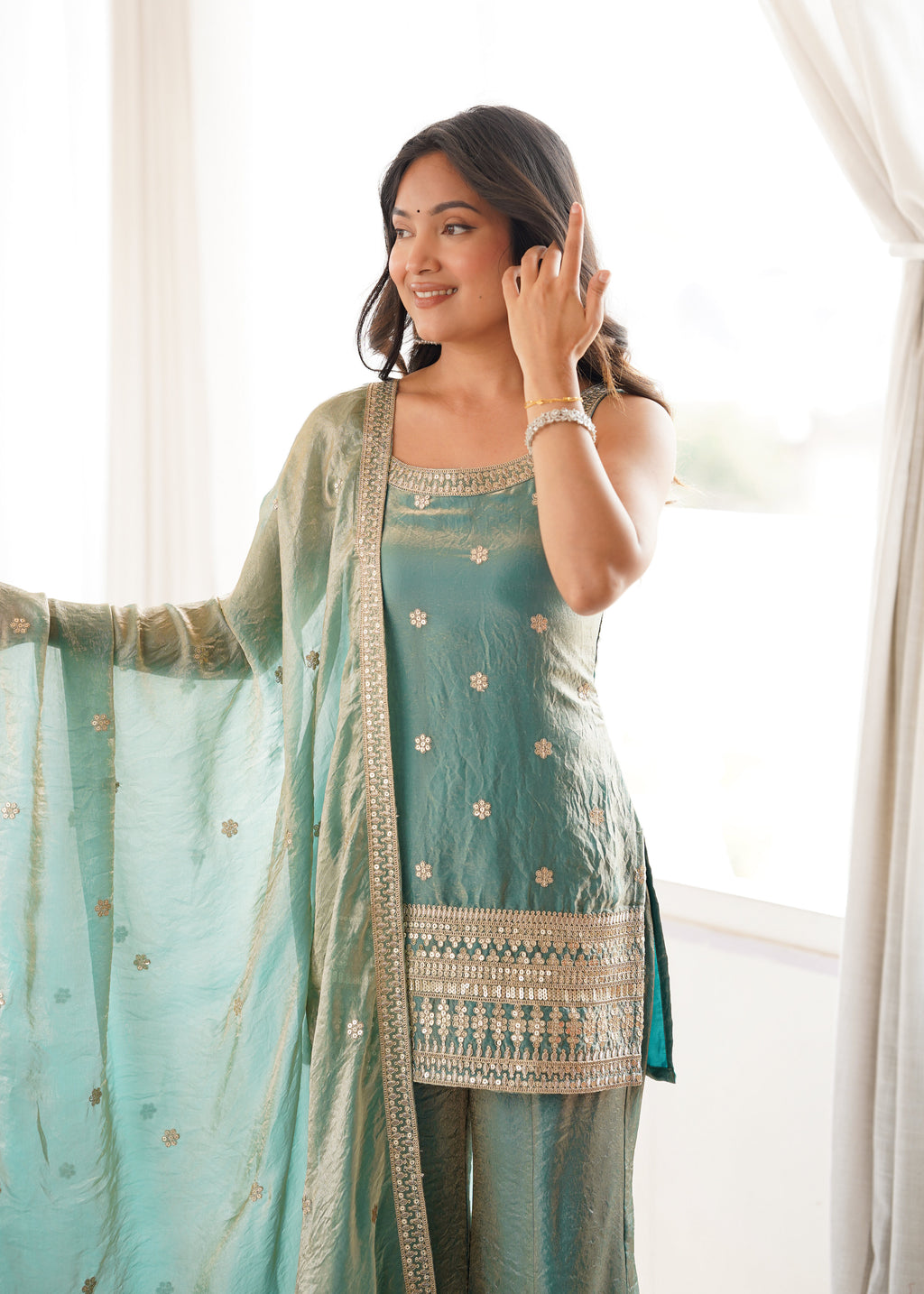 Frendy Silk Bell Bottom Suit with Dupatta | Embroidery Sequence & Jari Work