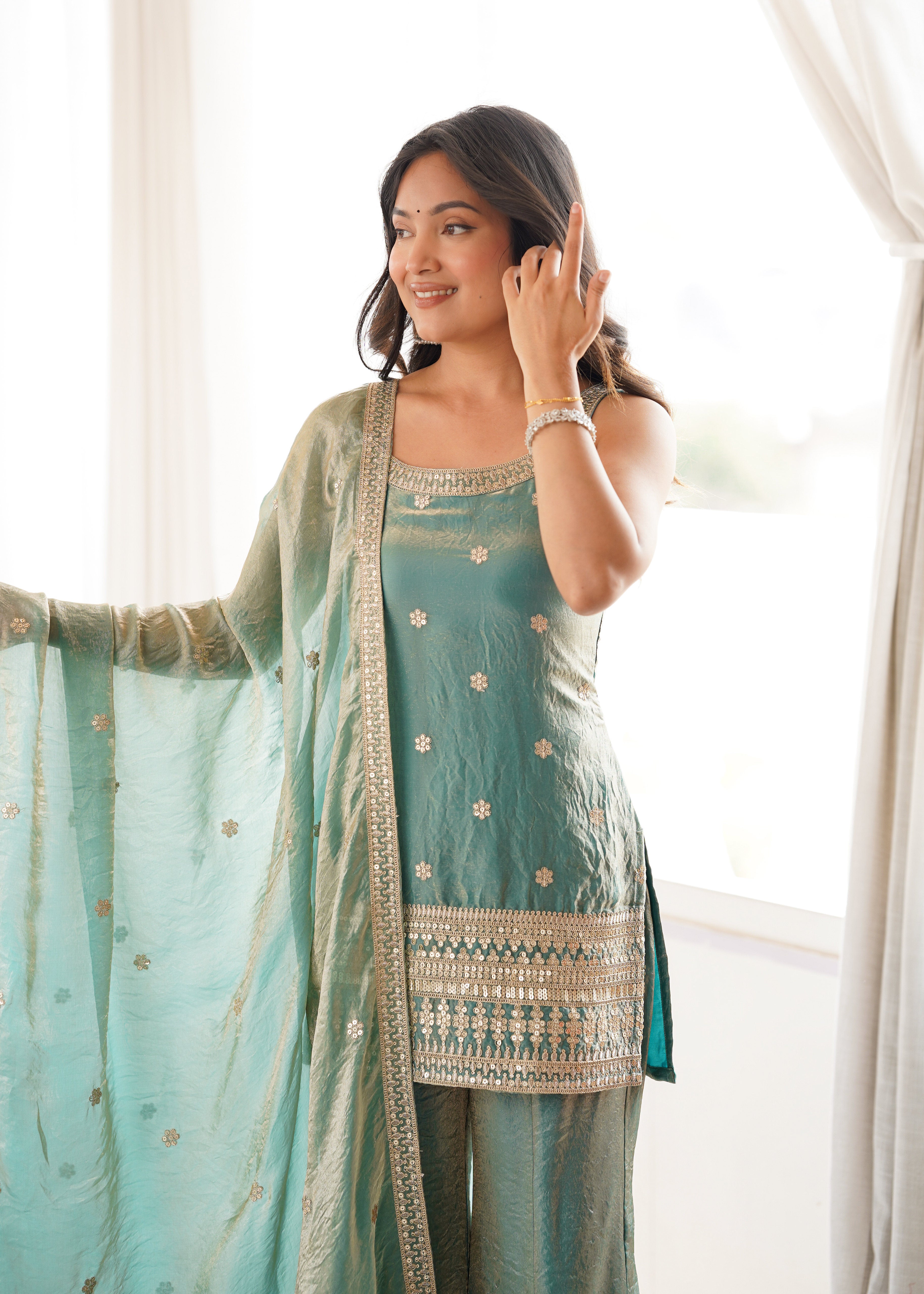 Frendy Silk Bell Bottom Suit with Dupatta | Embroidery Sequence & Jari Work