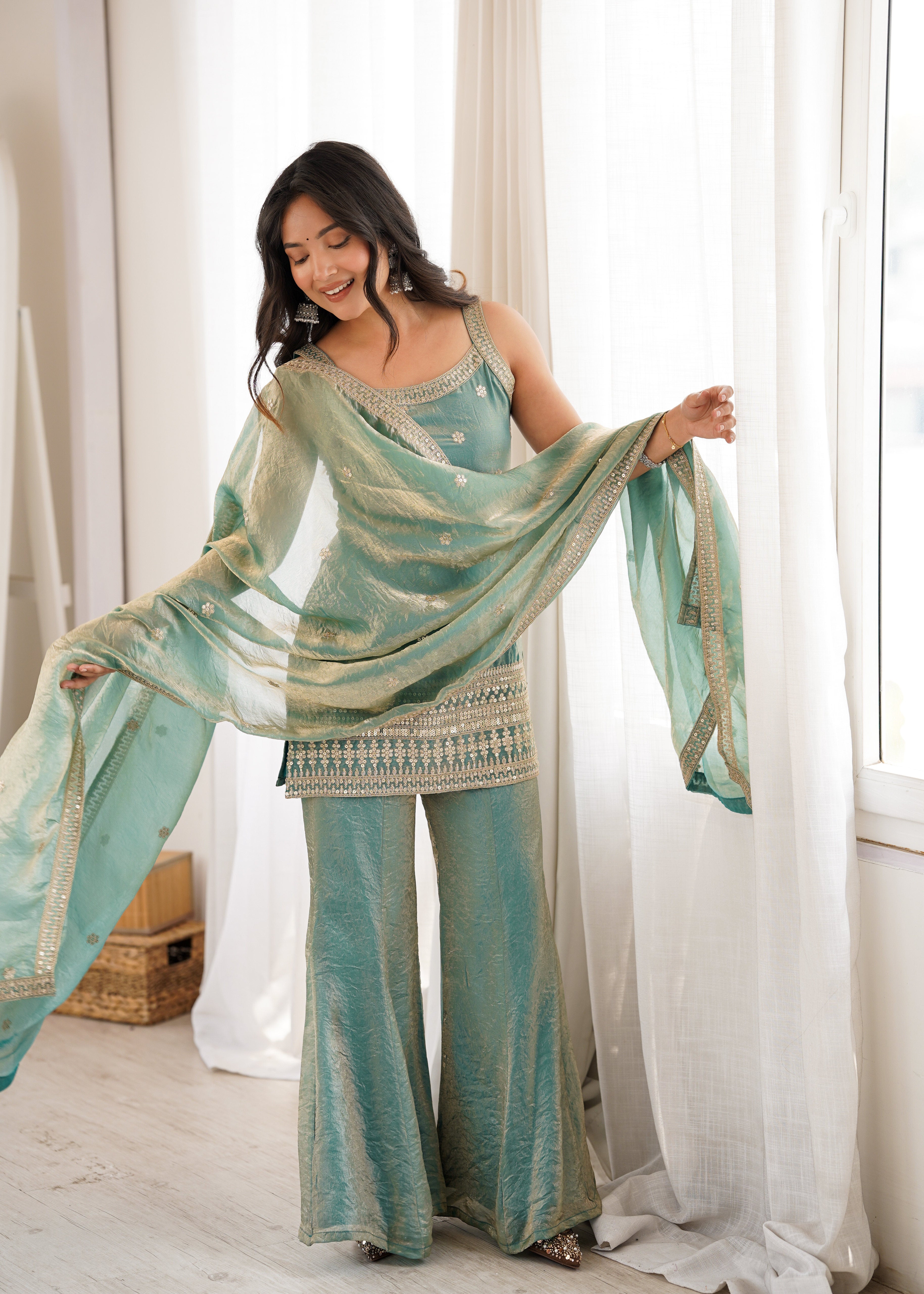 Frendy Silk Bell Bottom Suit with Dupatta | Embroidery Sequence & Jari Work