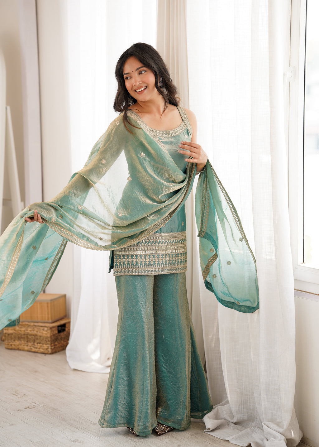 Frendy Silk Bell Bottom Suit with Dupatta | Embroidery Sequence & Jari Work