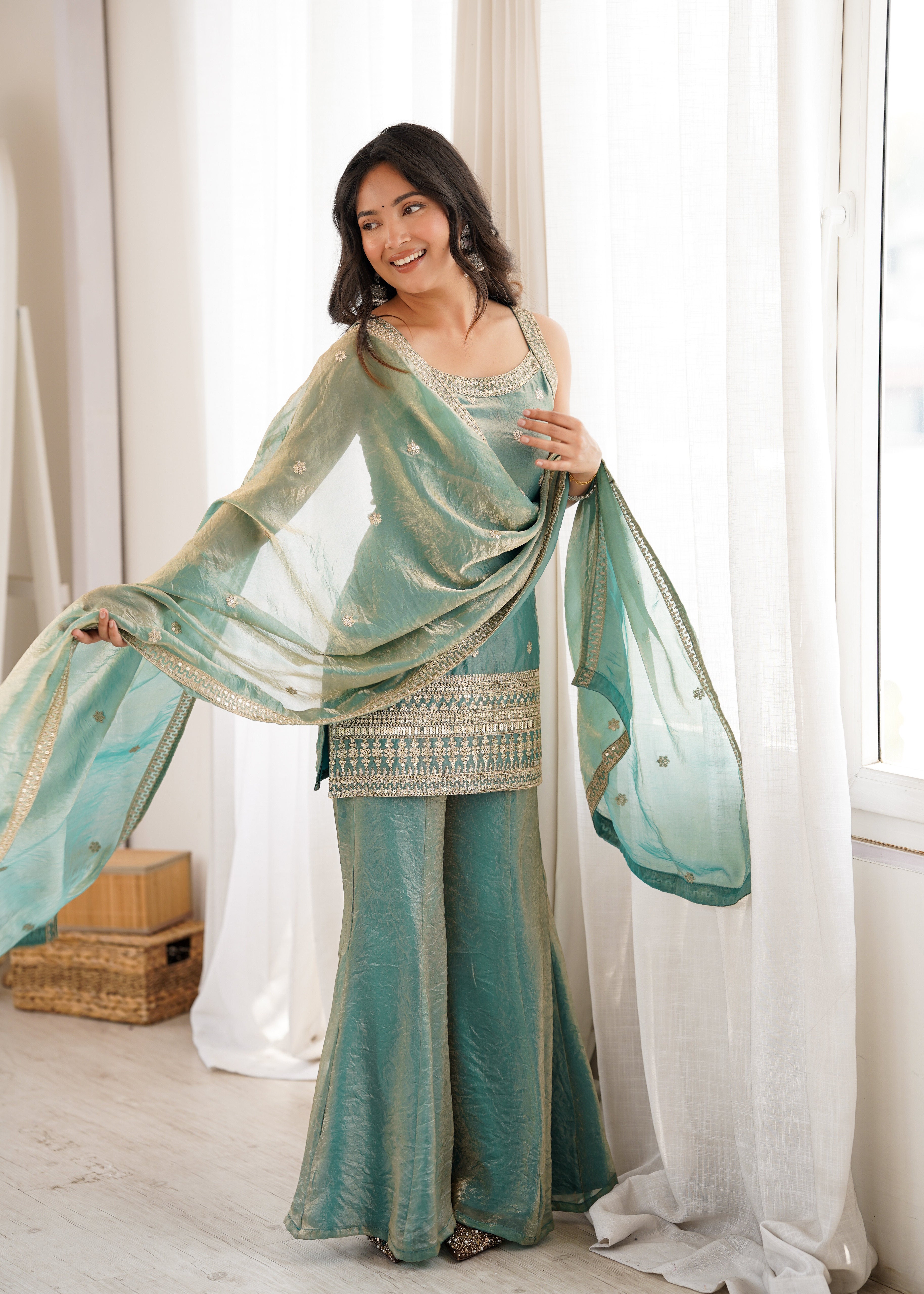 Frendy Silk Bell Bottom Suit with Dupatta | Embroidery Sequence & Jari Work