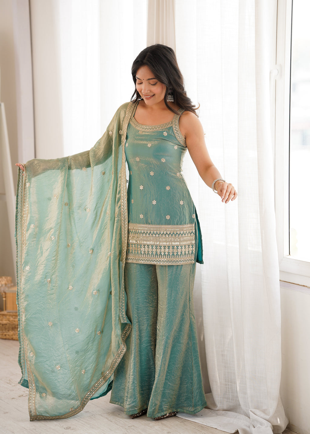 Frendy Silk Bell Bottom Suit with Dupatta | Embroidery Sequence & Jari Work