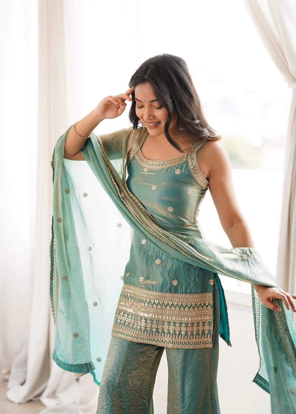 Frendy Silk Bell Bottom Suit with Dupatta | Embroidery Sequence & Jari Work