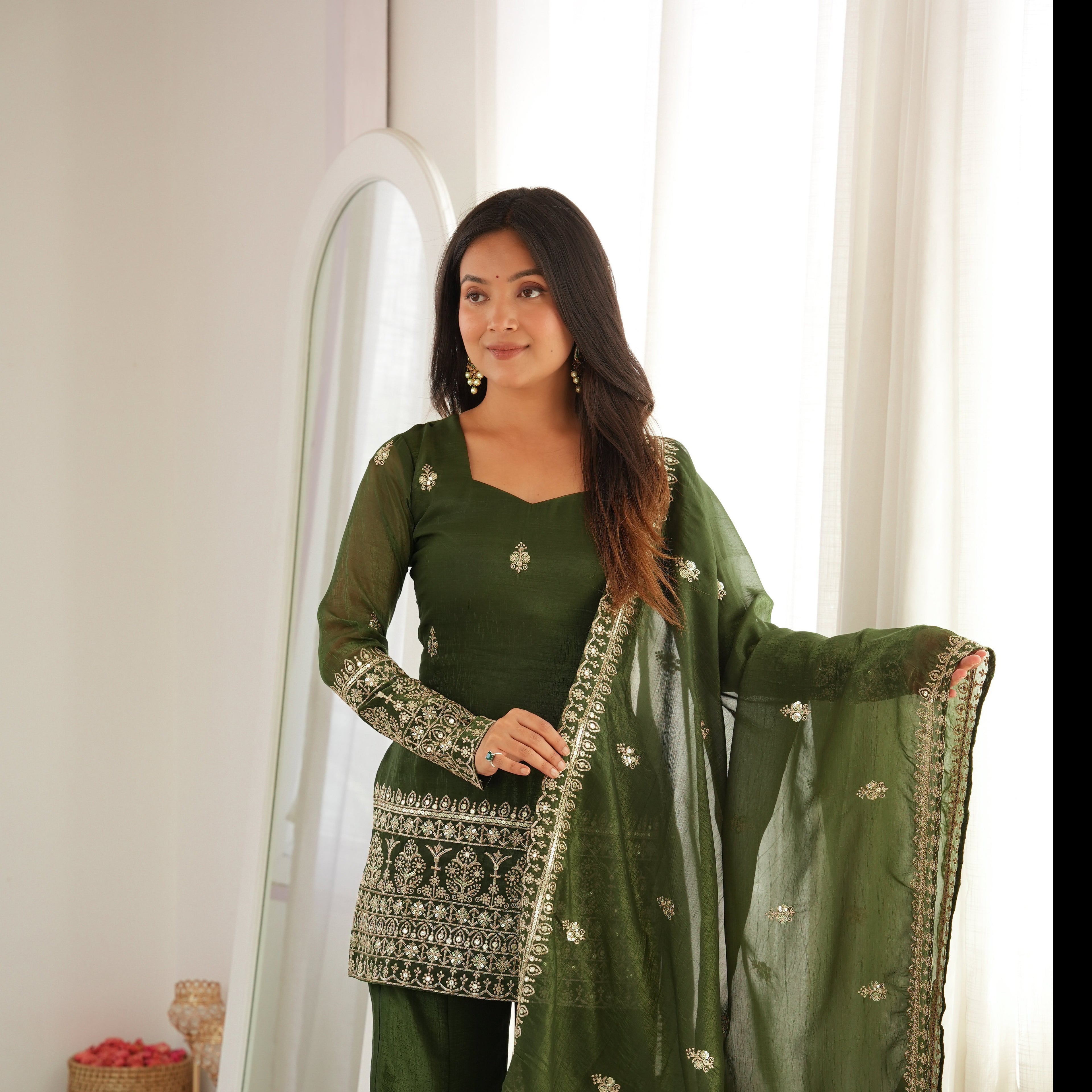 Crunchy Silk Bell Bottom Suit with Dupatta | Embroidery Sequence & Jari Work