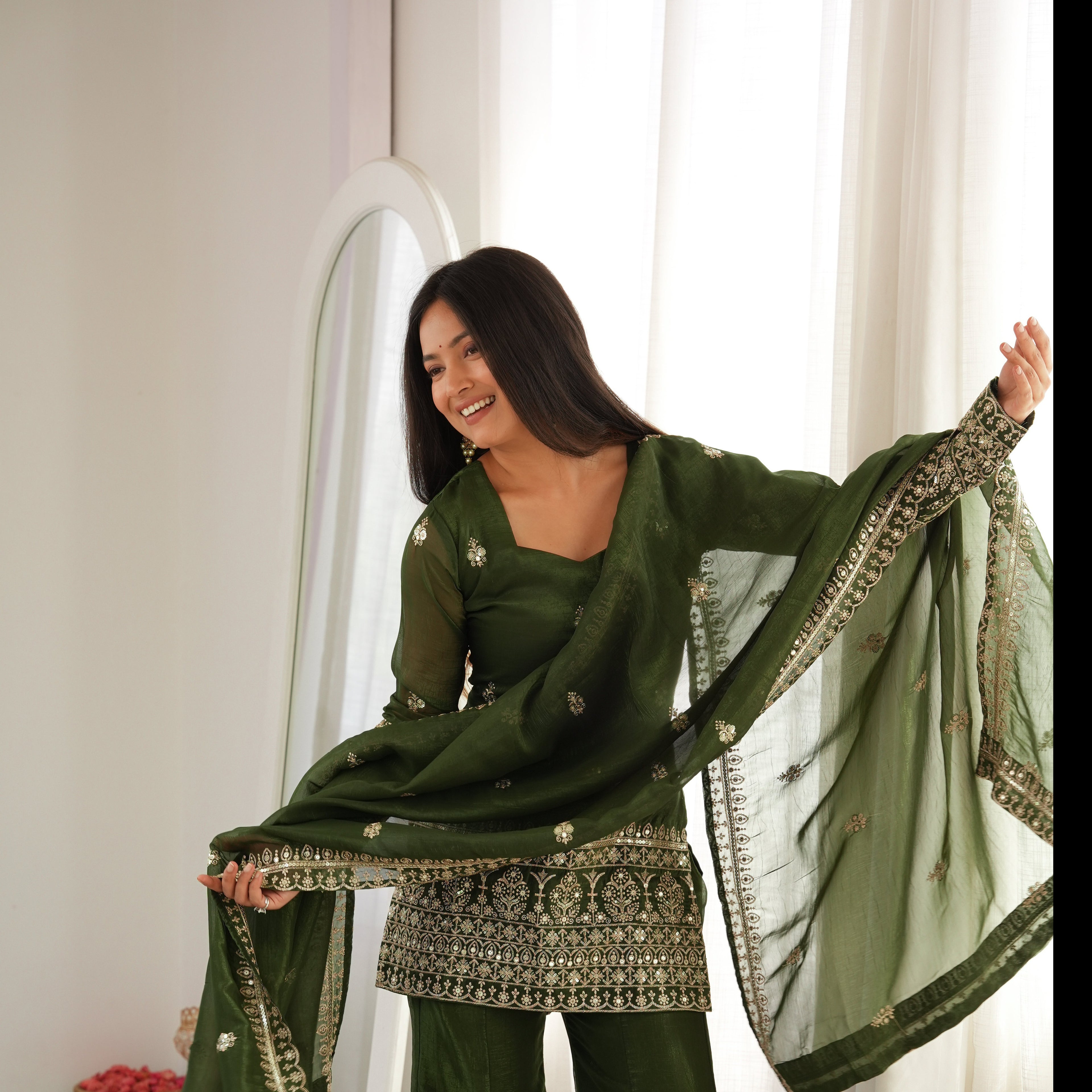 Crunchy Silk Bell Bottom Suit with Dupatta | Embroidery Sequence & Jari Work