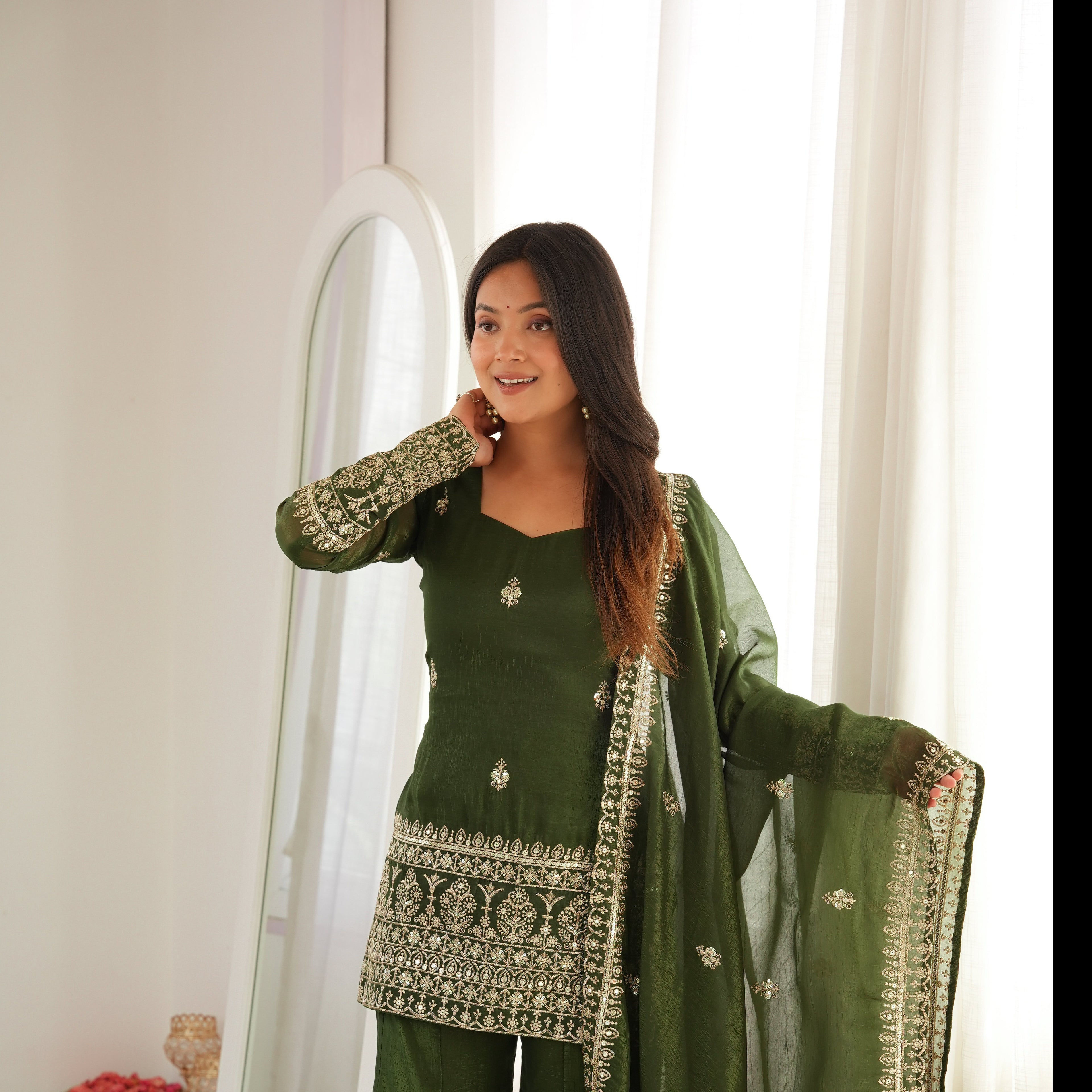 Crunchy Silk Bell Bottom Suit with Dupatta | Embroidery Sequence & Jari Work