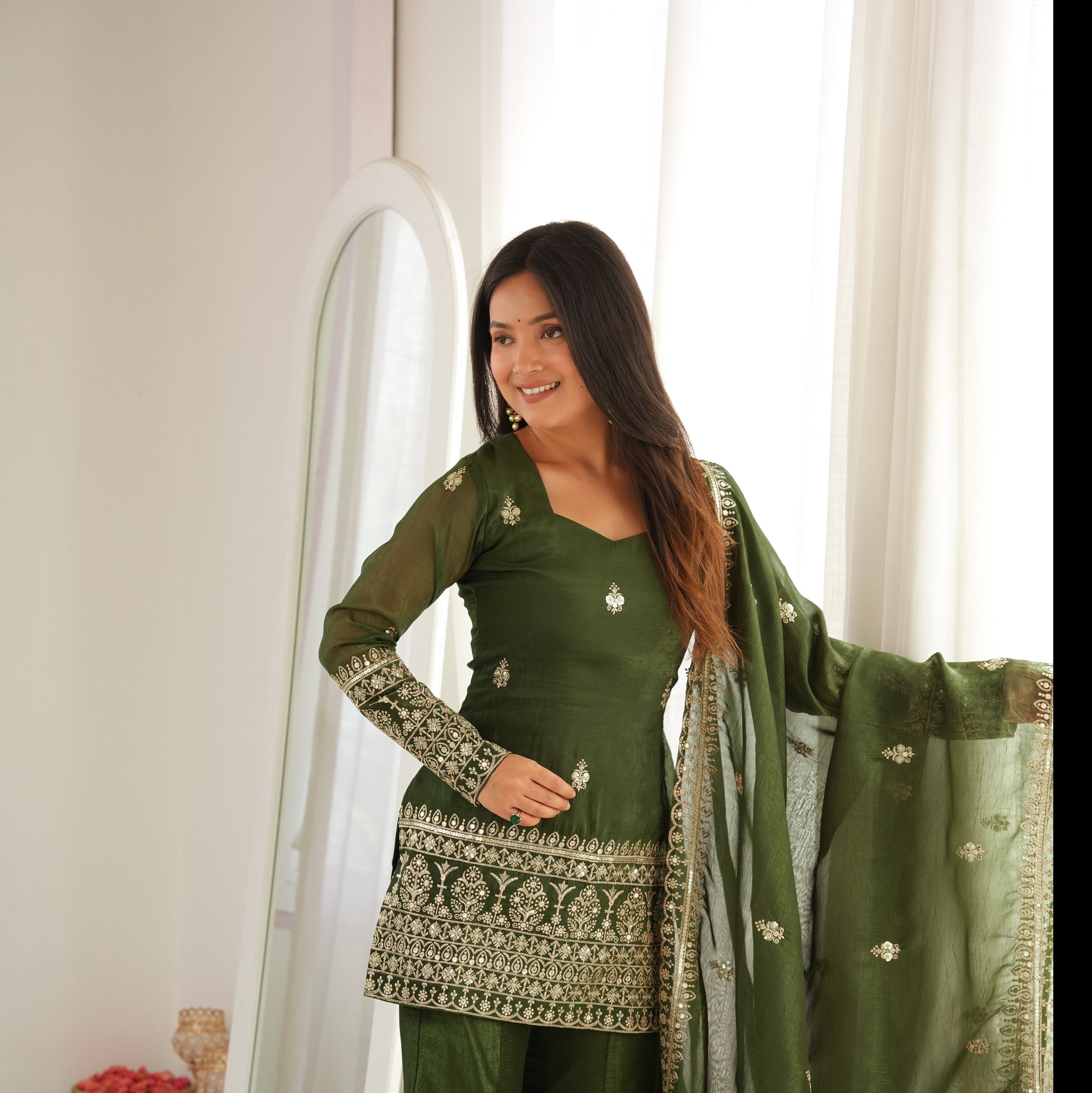 Crunchy Silk Bell Bottom Suit with Dupatta | Embroidery Sequence & Jari Work