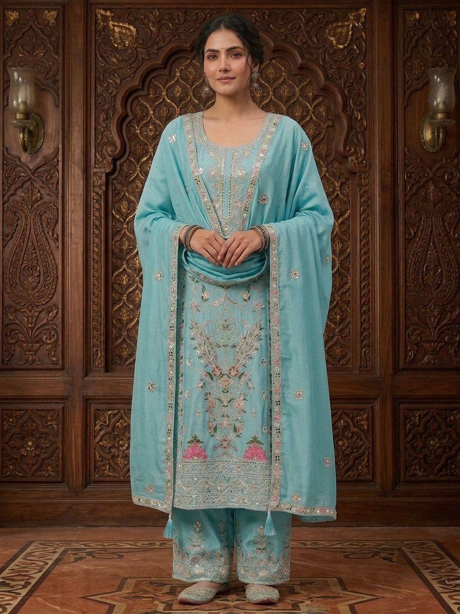 Designer Sharara Palazzo Set in Pure Chinnon Silk Embroidery Coding Sequence Work ND-5062 - view 5 | Zahra London