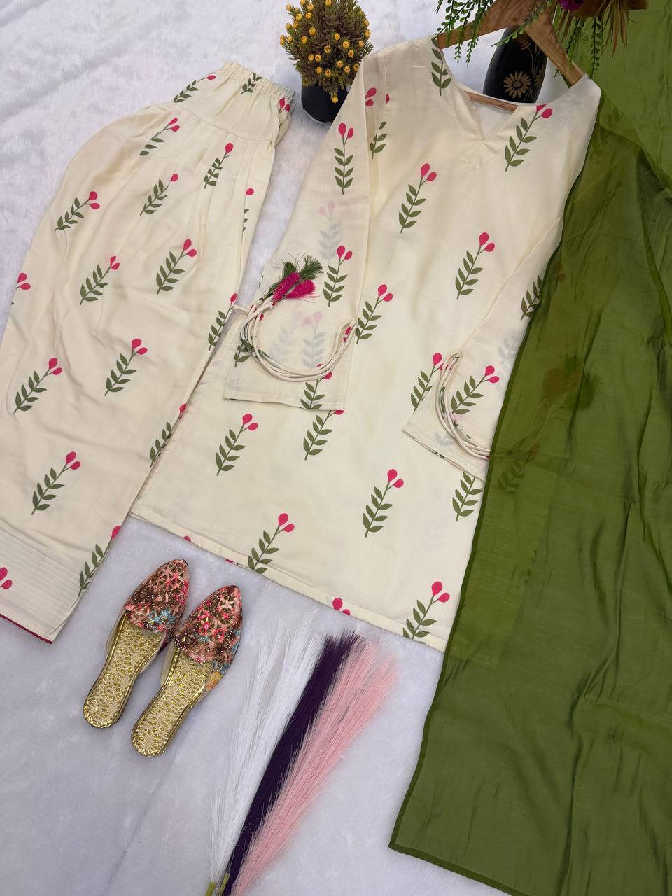 Designer Party Wear Cameric Cotton Fancy Sleeve Top with Farshi Pant and Dupatta