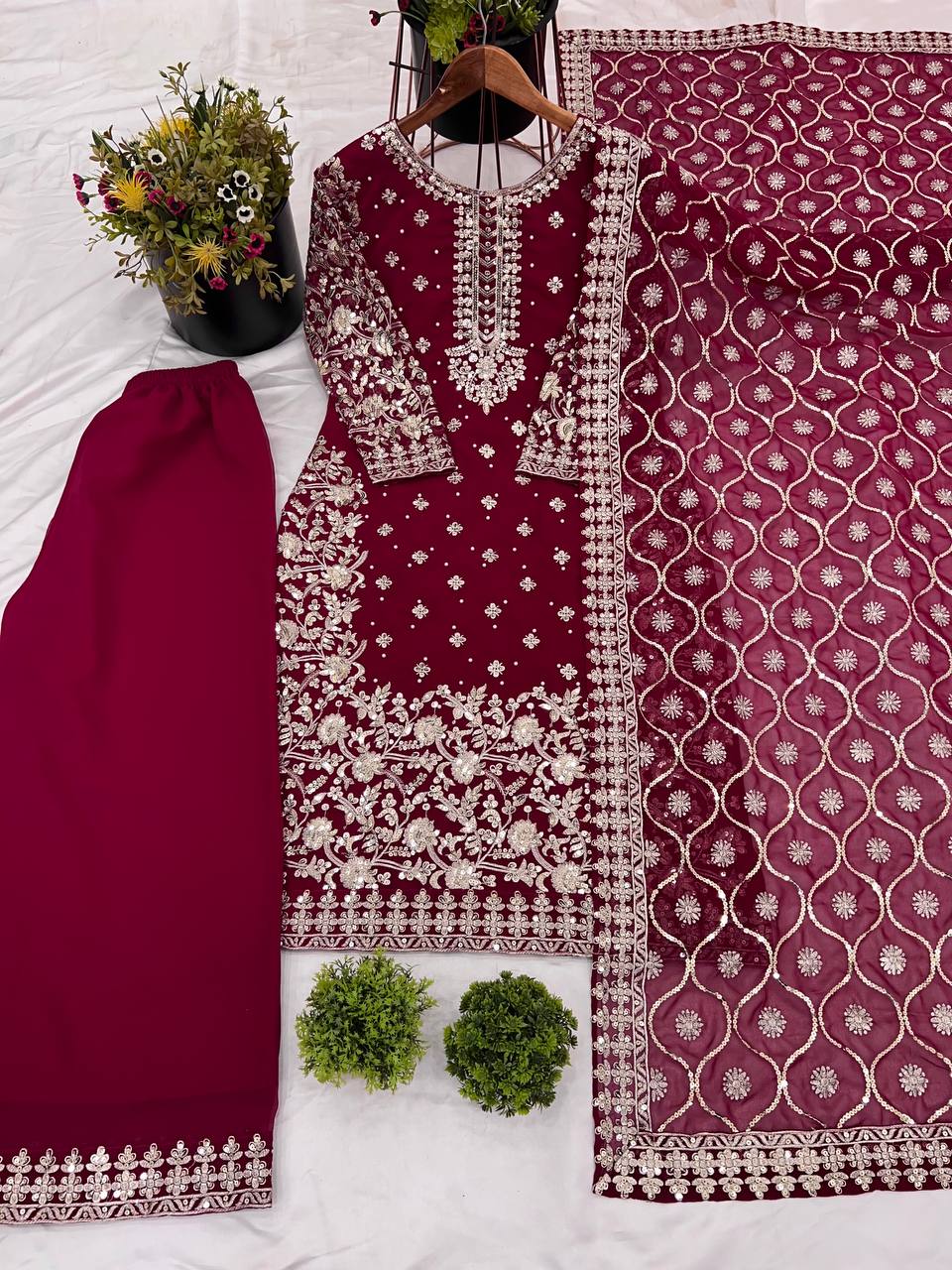 Maroon Faux Georgette Embroidery Salwar Suit