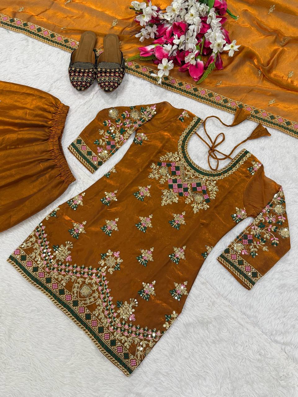 Designer Party Wear Top, Sharara Palazzo & Dupatta in Heavy Fandy Silk with Sequence Embroidery