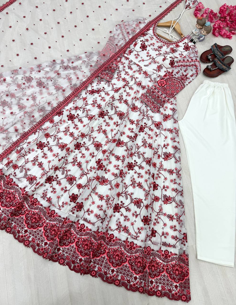 White Georgette & Organza Silk Embroidered Gown — Wedding & Festive Wear