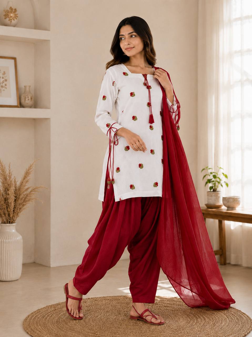 Designer Party Wear Cameric Cotton Embroidered Top with Farshi Pant and Dupatta | MC-2048