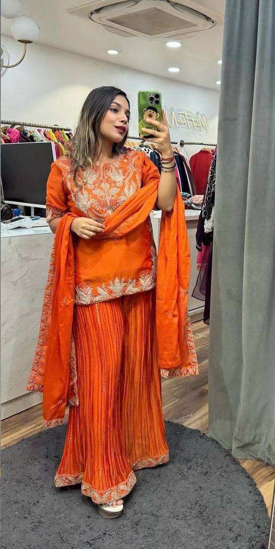 Designer Sharara Set in Pure Heavy Chinon Silk with Embroidery Coding Sequence & Full Embroidery Sleeve