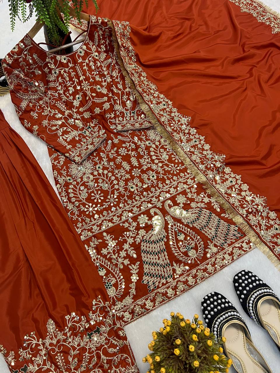Designer Natural Crepe Silk 5mm Sequin Embroidered Long Punjabi Top Farshi Salwar & Dupatta Set